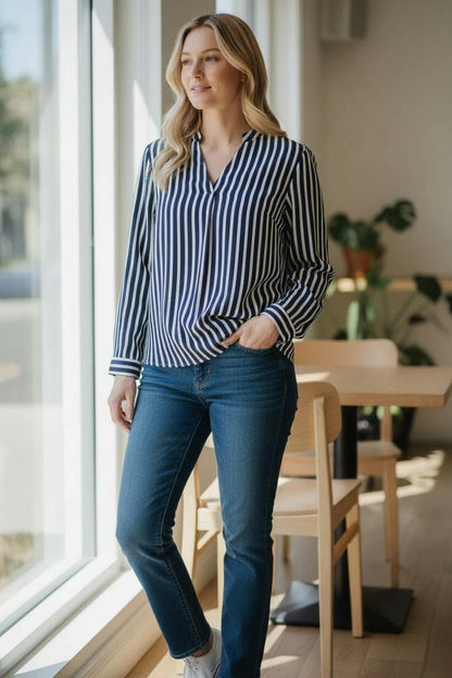 LIZ CLAIBORNE BLOUSE/SHIRT 3/4 SLV V-NECK STRIPED TOP NEW $44 TUNIC BLUE/WHITE