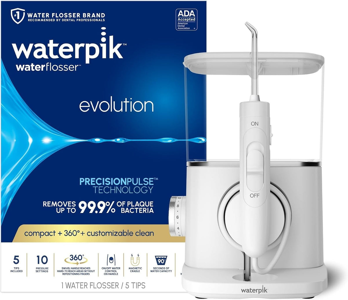 Waterpik Evolution Countertop Water Flosser with 10 Settings, 5 Tips, White
