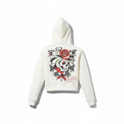 Ed Hardy Cropped Hoodie Zip Up | Baby Blue Tattoo Bird & Rose or Ivory Horses