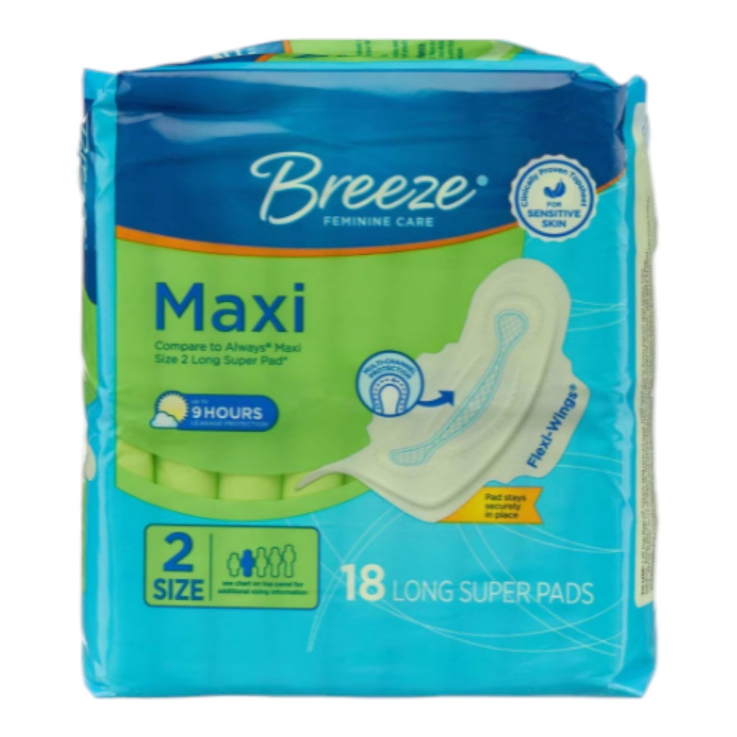Breeze Ultra Thin Size 2 Super Long Pads 18 Count x 10 - 180 total