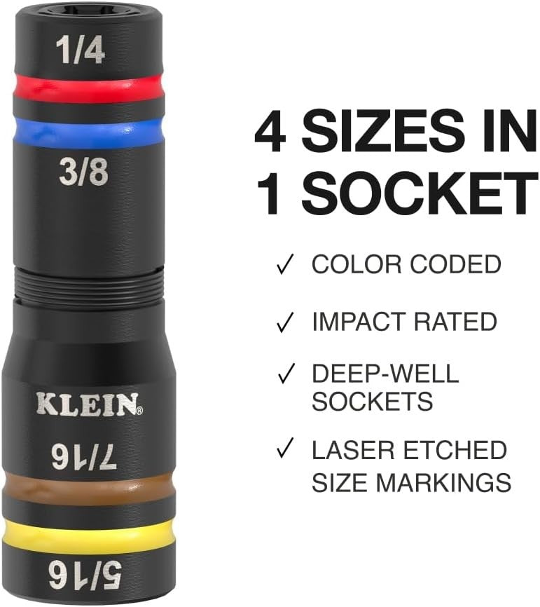 Klein Tools 652QS Quad-8 Deep-Well Heavy-Duty Impact Flip Sockets, SAE, 3 Pc.