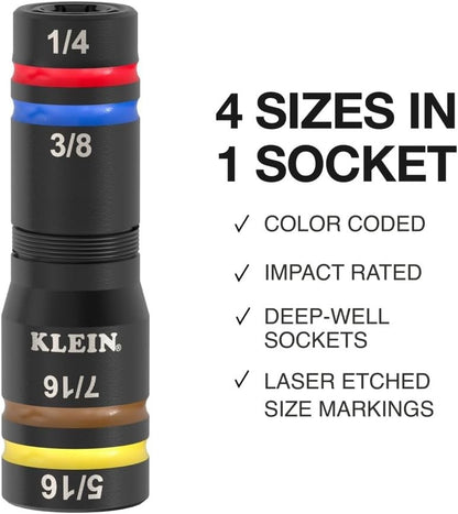 Klein Tools 652QS Quad-8 Deep-Well Heavy-Duty Impact Flip Sockets, SAE, 3 Pc.