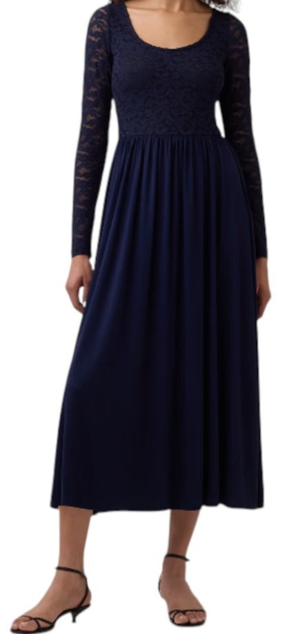 Gap Womens Size Medium Mixed Media Maxi Dress, Modern Mockneck Navy Blue Dress