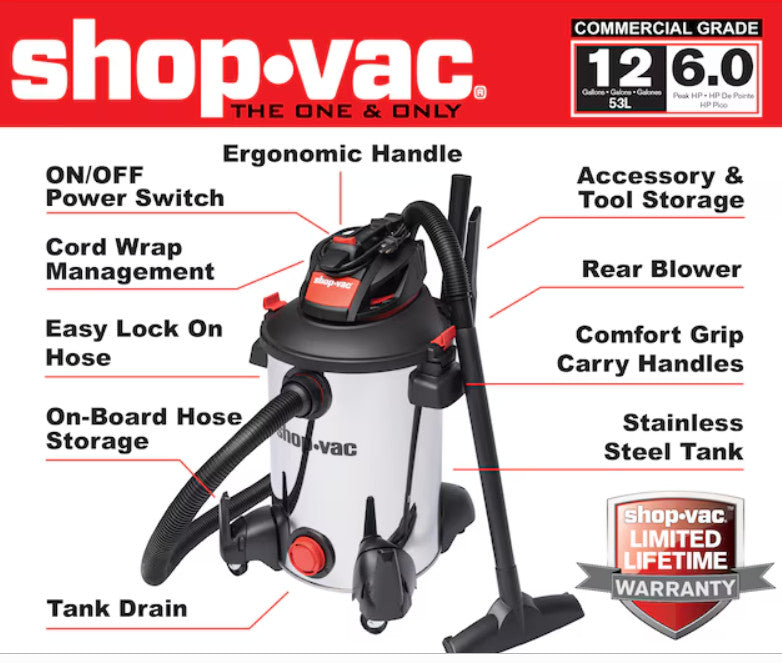 Shop-Vac 12-Gallon 6.0 HP Corded Wet/Dry Shop Vacuum with Accessories (5761311)