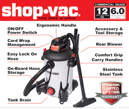 Shop-Vac 12-Gallon 6.0 HP Corded Wet/Dry Shop Vacuum with Accessories (5761311)