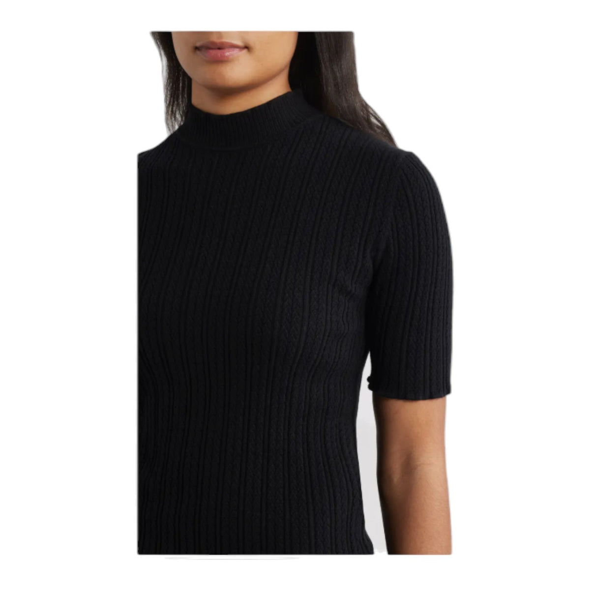 Mock Neck Short Sleeve Cotton Blend Sweater Anne Klein - Black - M