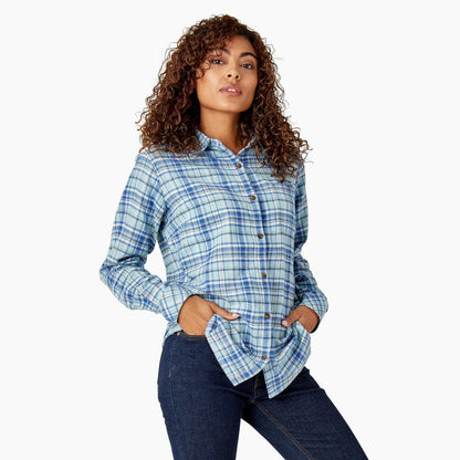 Women's Plaid Flannel Long Sleeve Shirt, Clear Blue Asymetrical Orchard Plaid, M