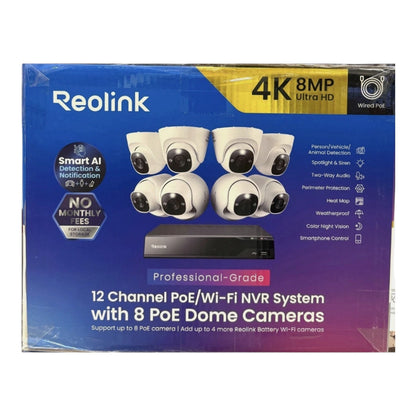 Reolink 4K 12 Channel 4TB Wifi NVR with 8 PoE Wired Security Dome Camera System