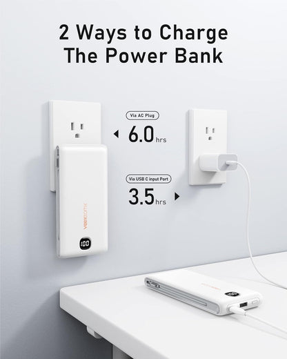 10000mAh Portable Power Bank with Built-in Cables & AC Wall Plug - Ultra Slim
