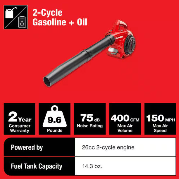 HOMELITE 150 MPH 400 CFM 2-Cycle Handheld Gas Leaf Blower (UT26BL3VNM)