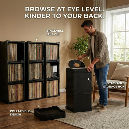 HumminGuru FlexiCube Vinyl Record Storage Box – Stackable Organizer for 12” R...