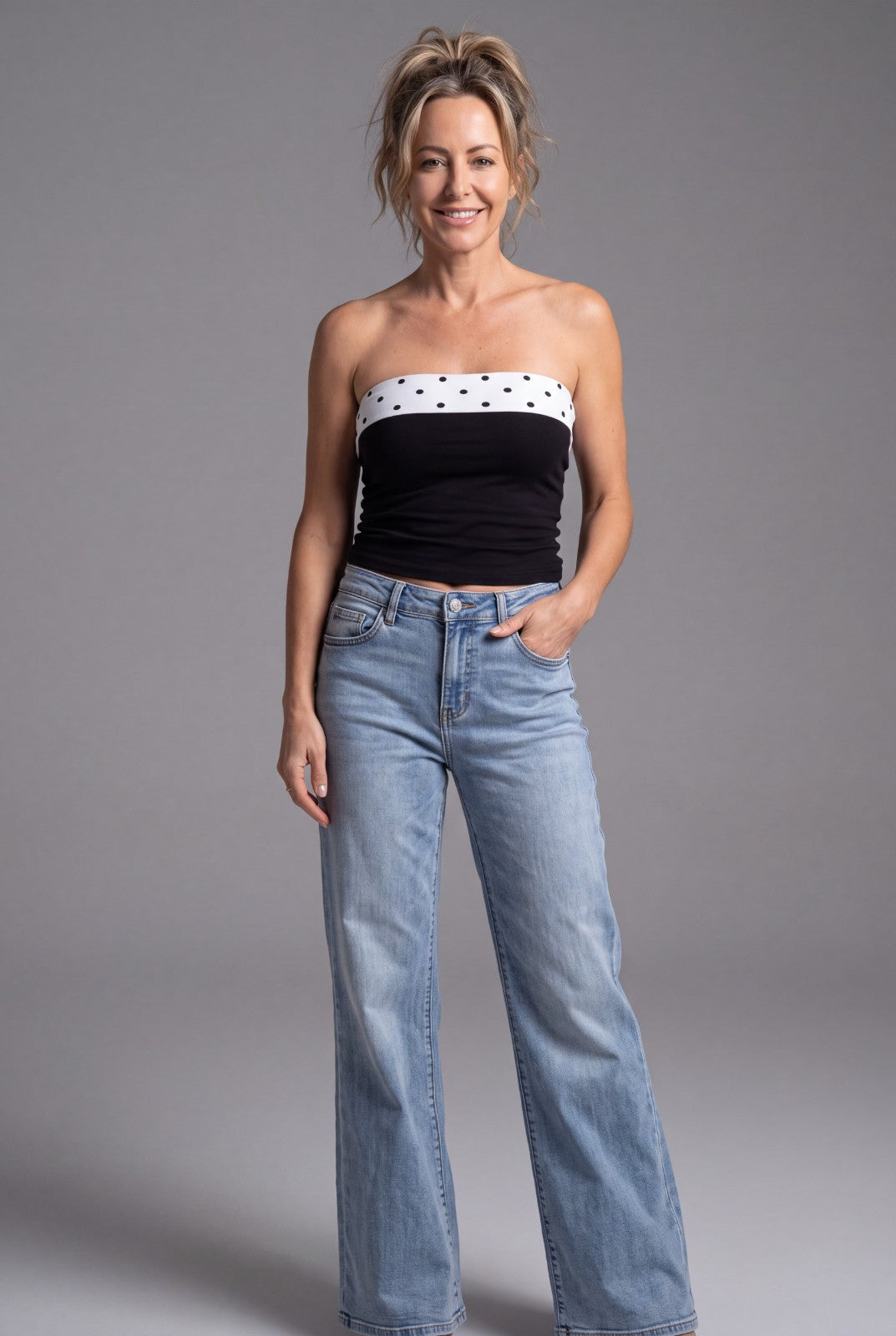 Love Soho Denim Pants Junior’s 1 Low Rise Wide Leg Blue with Reversible Tube Top