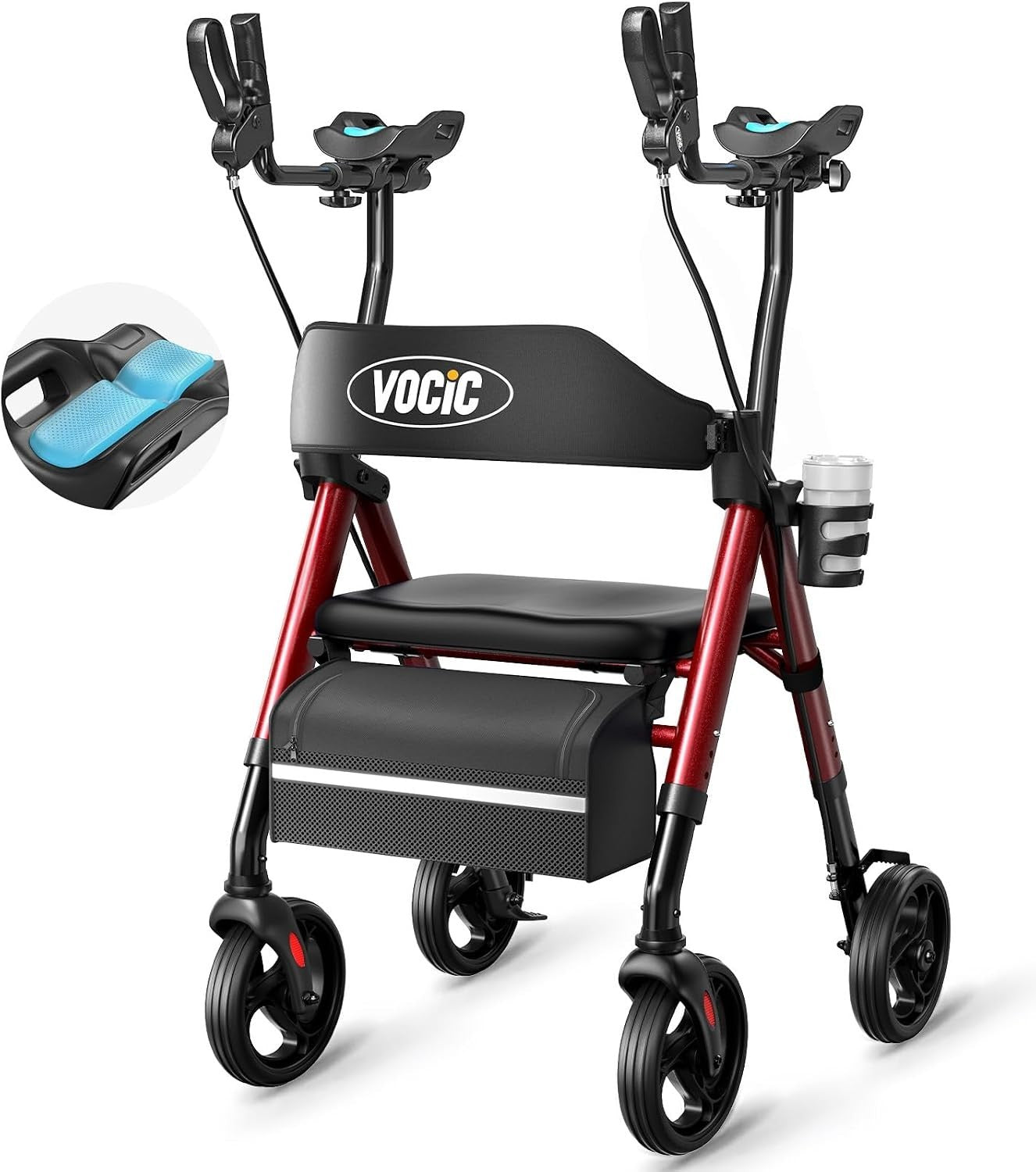 VOCIC Z22 Upright Walkers for Seniors with Seat - Red - GelSoft Stand Up Walker
