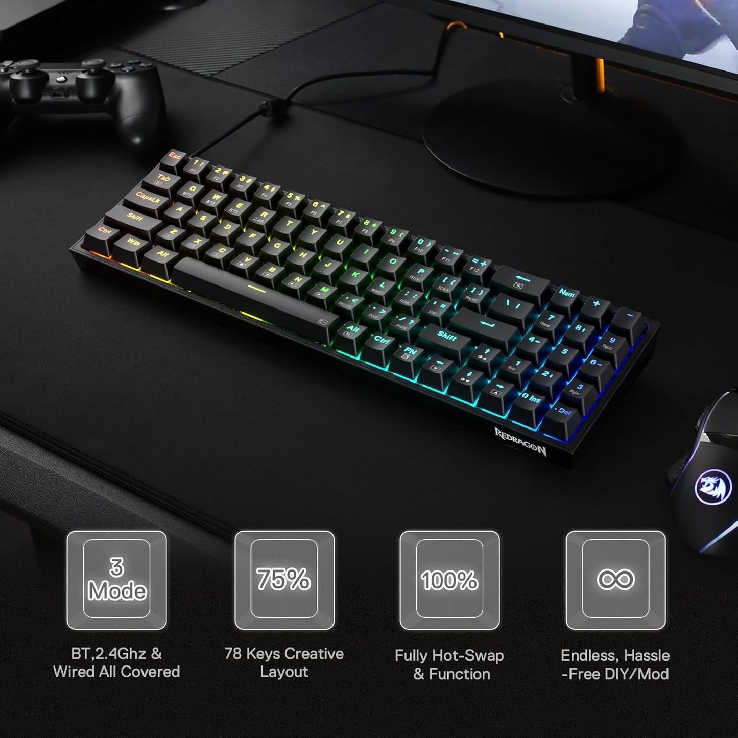 Redragon S136 Gaming Keyboard & Mouse Combo, 75% K628 Tri-Mode Wireless RGB