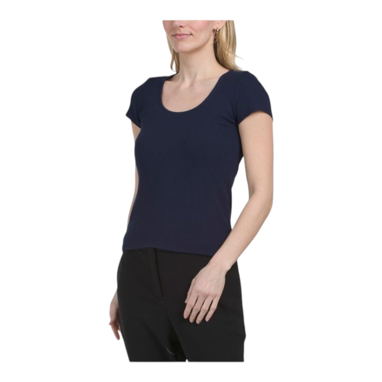Cyrus Essentials Women Ribbed Short Sleeve Top, V, Scoop, & Crew Neck