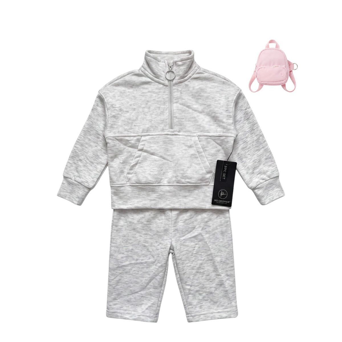 NWT Girls 90 Degree by Reflex 3 Piece Activewear Set, Gray with White Stripe