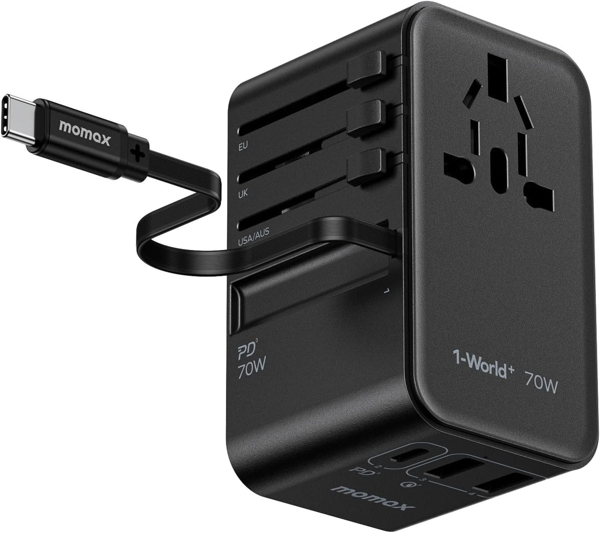 Momax 1-World 70w GaN Universal Travel UK EU AU US Multi Plug Adapter - Black