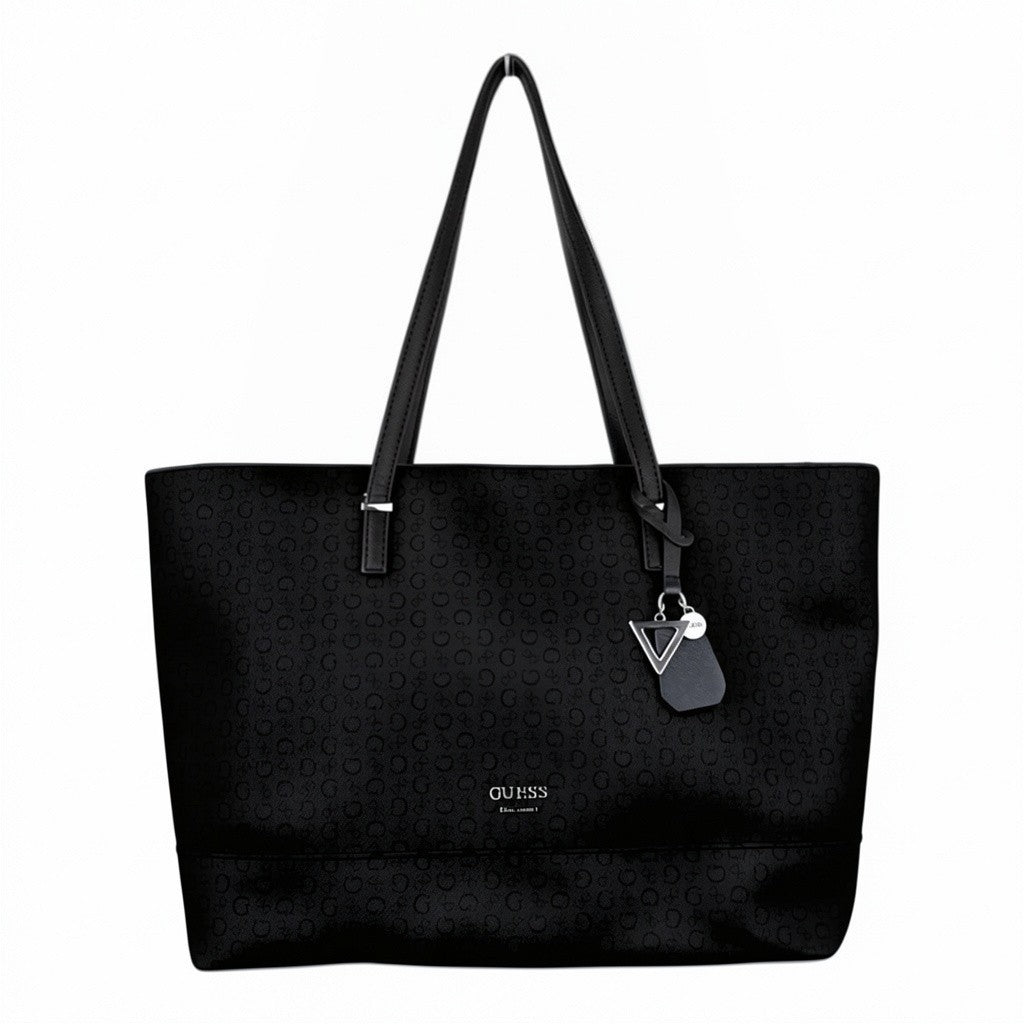 GUESS Black Logo Large Tote Bag Zip Closure Double Handles Pouch Silver Hardware