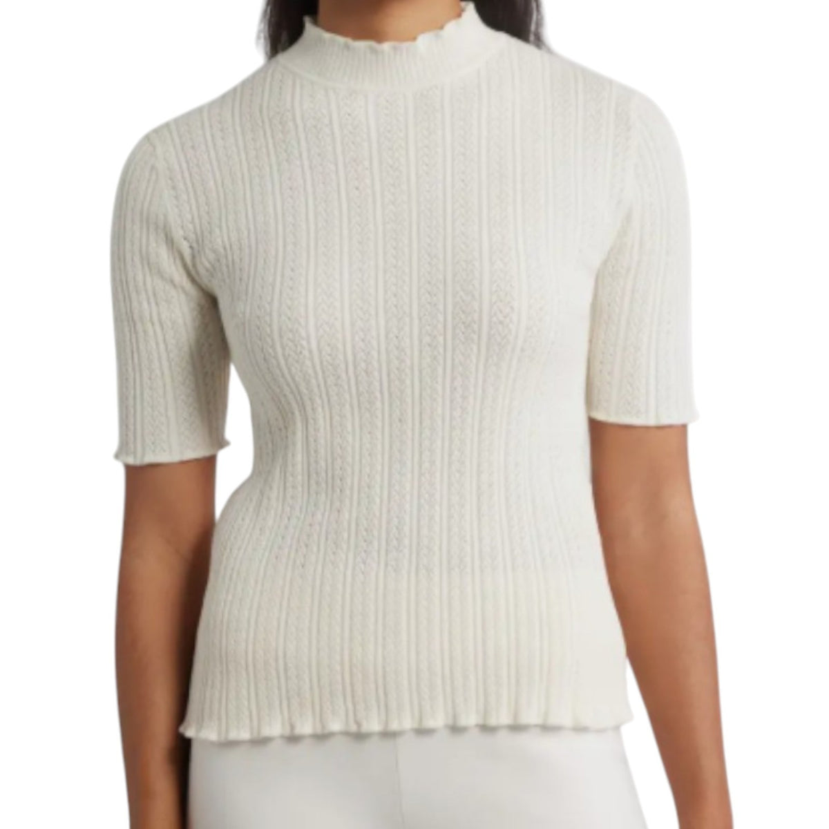 Mock Neck Short Sleeve Cotton Blend Sweater Anne Klein - Creamy White - XL