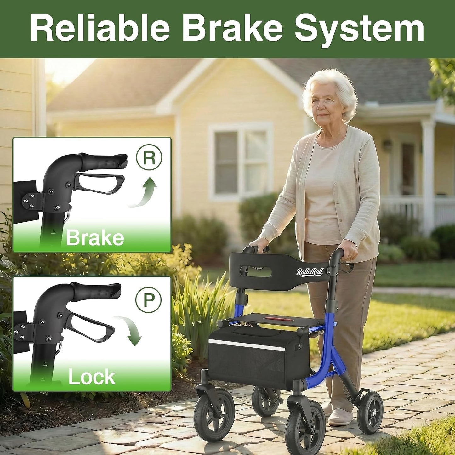 RollisRoll Walkers for Seniors, Rollator Walker with Seat, 12" Big Wheels