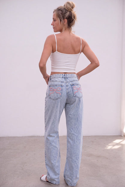 Telepatia Wide-Leg Jeans Light Wash with Pink Bow on Both Back Pockets NWT