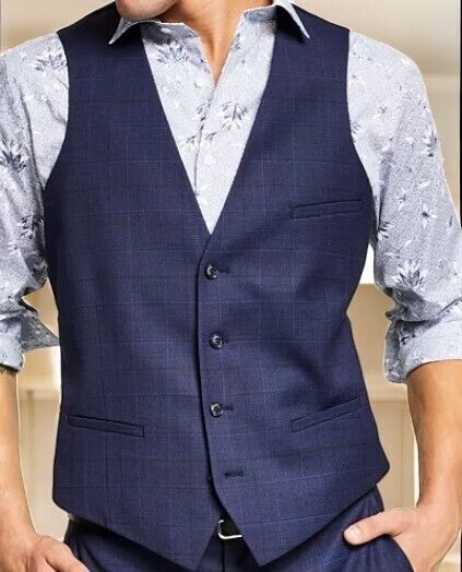 Bar III Men's Slim-Fit Wool Suit Vest, Navy Plaid, XL