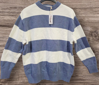 JESSICA SIMPSON BLUE & WHITE STRIPED CREWNECK SWEATER - SIZE MEDIUM