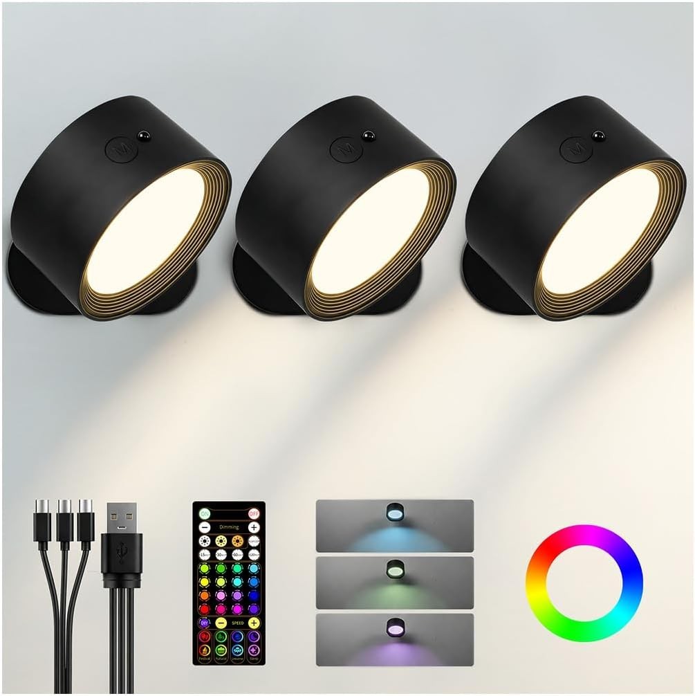 RGB Wall Sconces, Rechargeable Magnetic Lights with Remote, 3 Pack