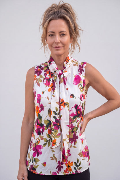 Nine West Multicolor Floral Woven Blouse Sleeveless Tie Neck Polyester