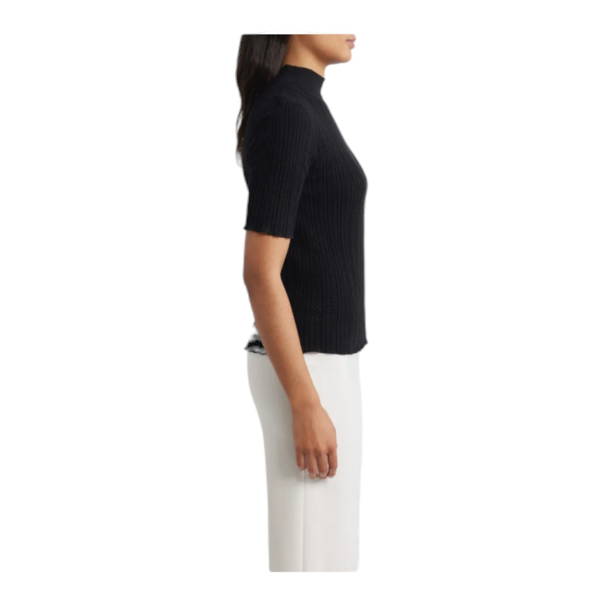 Mock Neck Short Sleeve Cotton Blend Sweater Anne Klein - Black - M