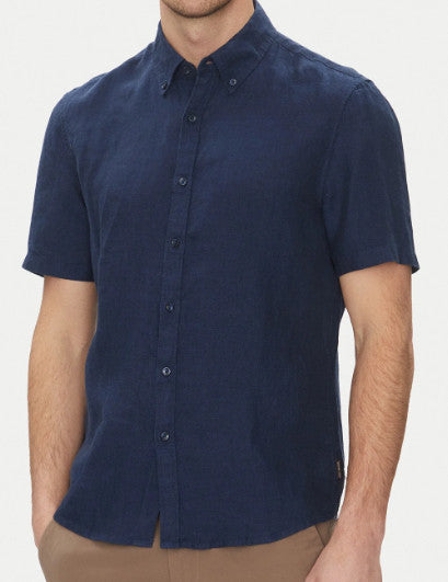 Michael Kors Mens Slim Fit Linen Button Up Shirt, Dark Midnight - CS1400I4YT NWT