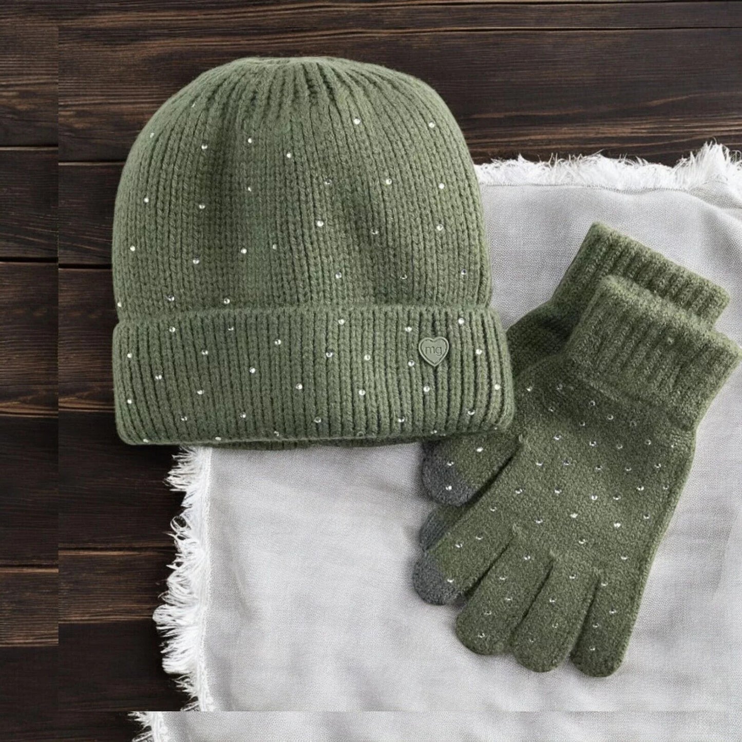Girl's Madden Girl Rhinestone Beanie & Gloves Set, Sage, S/M