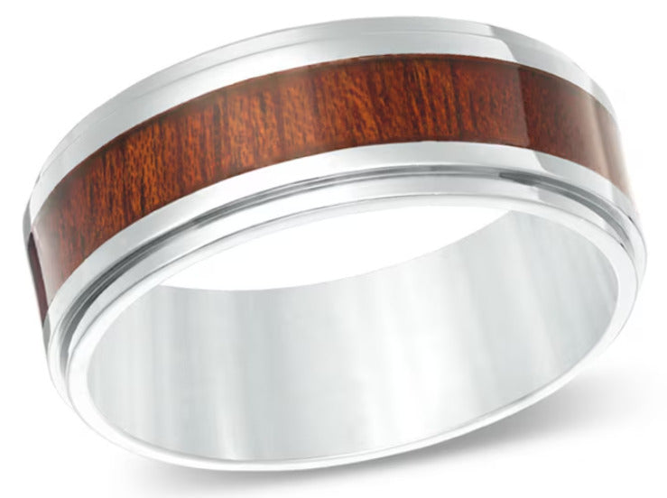 8mm KOA Wood Inlay with Polished Step Down Edges Ring