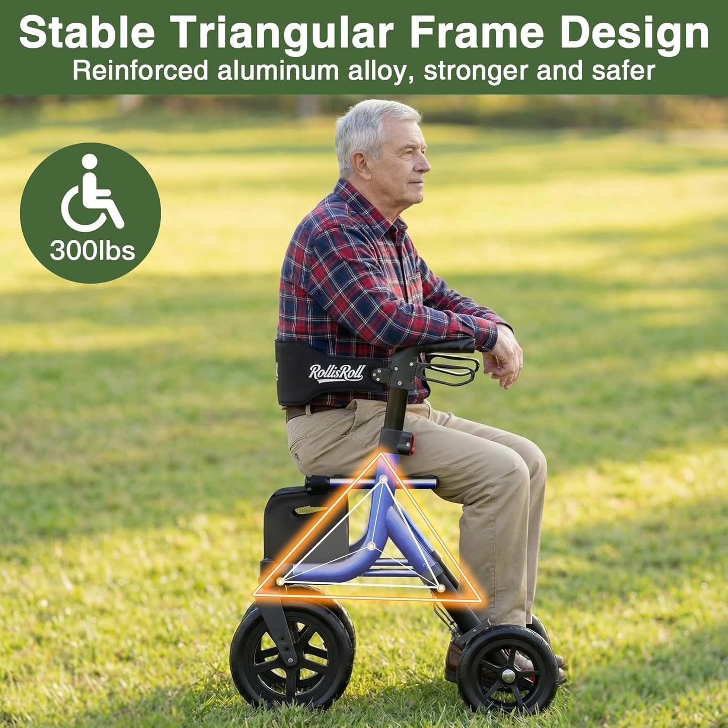 RollisRoll Walkers for Seniors, Rollator Walker with Seat, 12" Big Wheels