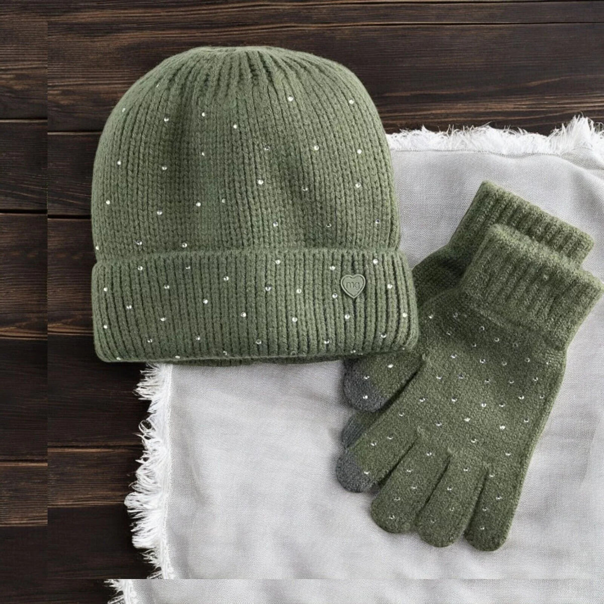 Girl's Madden Girl Rhinestone Beanie & Gloves Set, Sage, M/L