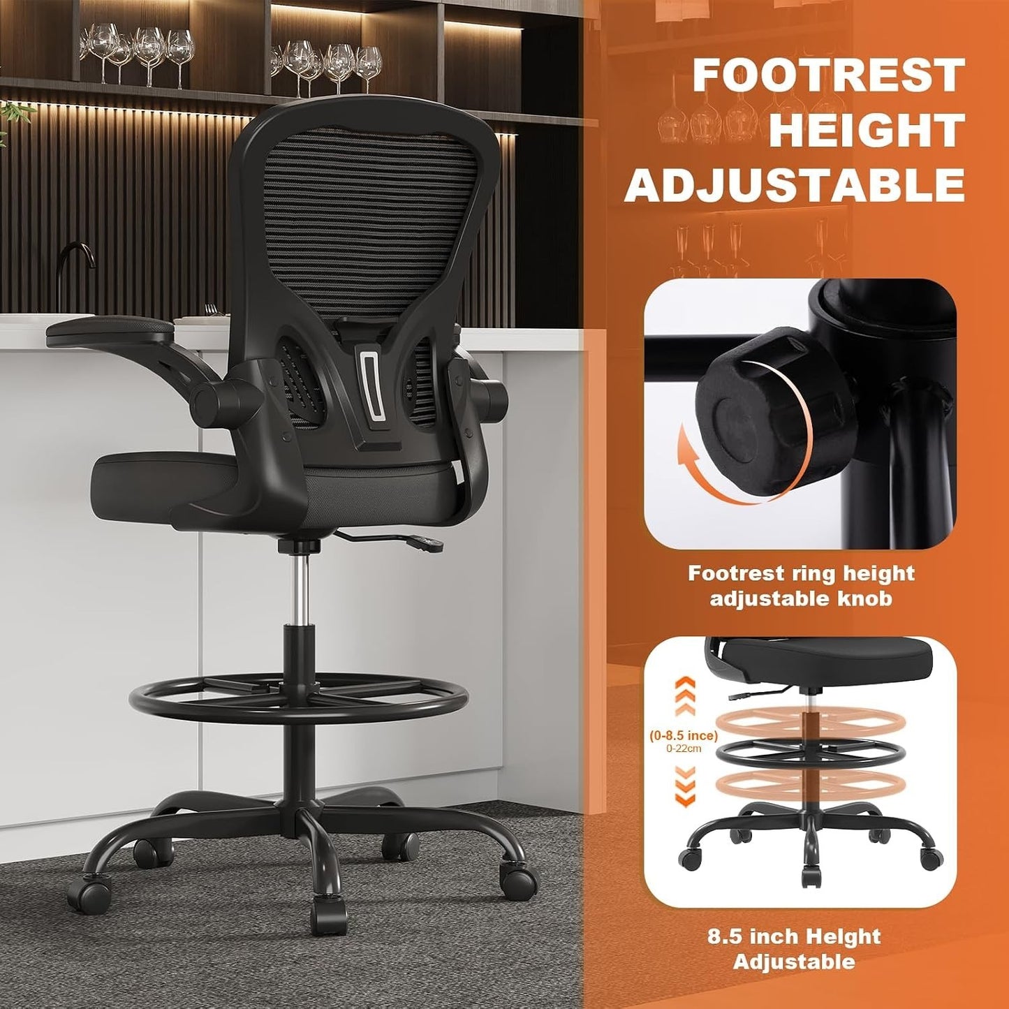 Synorla Ergonomic Drafting Chair, Tall Office Chair with Flip-Up Armrests, Breat