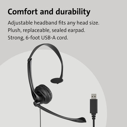 Kensington USB Mono Headset with Mic and Volume Control, Single Ear (Monaural)
