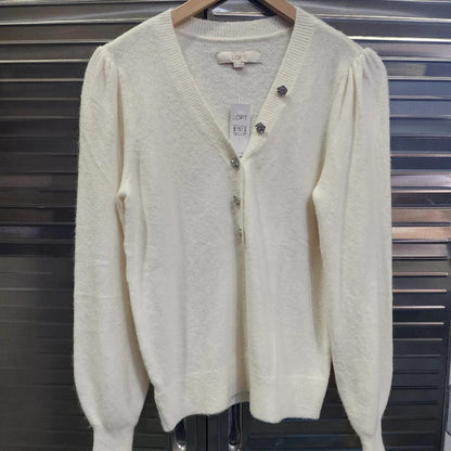 Jeweled Button V-Neck Cardigan, Small