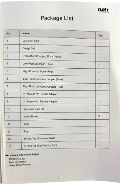 OMT Single Stage Vacuum Pump/Guage Kit