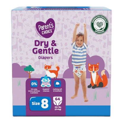 Parent's Choice Dry & Gentle Diapers Size 8, 64 Count (Select for More Options)