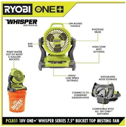 RYOBI ONE+ 18V Cordless 7-1/2 in. Bucket Top Misting Fan Kit with 1.5 Ah Batter