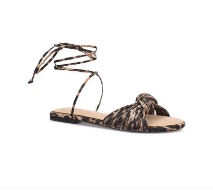 On 34th Leopard Women Jennie Flat Sandals Ankle Tie Strap Man Made Round Toe