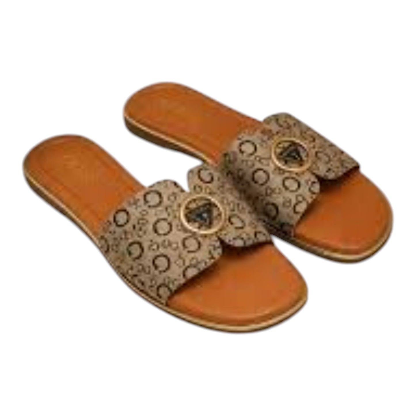 GUESS Women’s Beige Slip-On Flat Slide Sandals Gold Logo