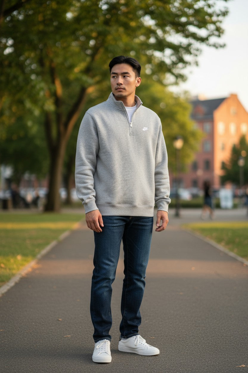 Nike Sweatshirt Club 1/2 Zip Fleece - Pullover - Dark Grey Heather/White