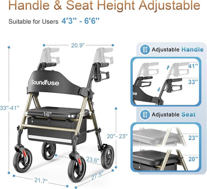 Soundfuse Rollator Walkers w/ Seat 4 Seniors Foldable 8" Big Wheels All Terrain