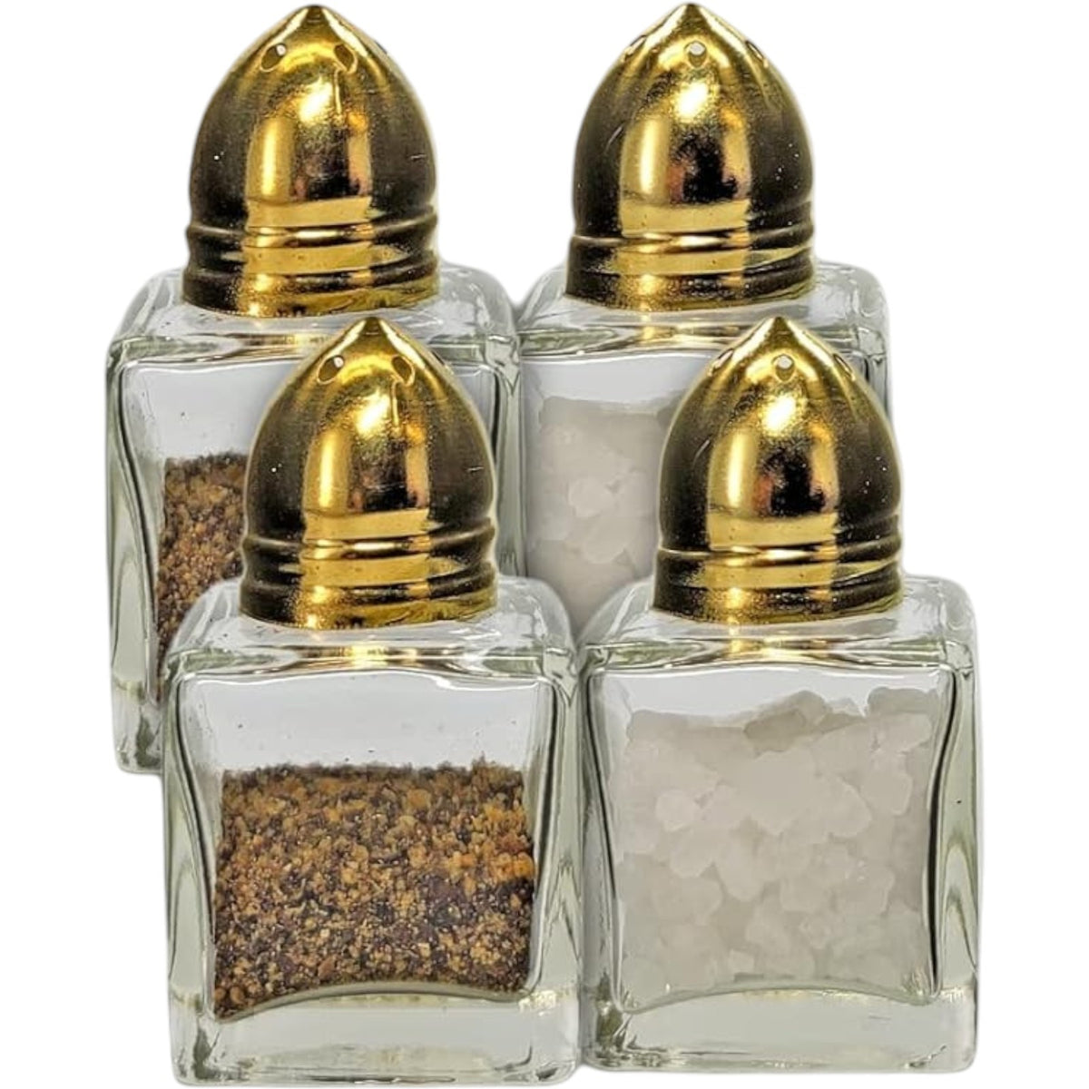 Clear Glass Mini Cube Salt & Pepper Shakers with Gold-tone Tops - 1/2 ounce each