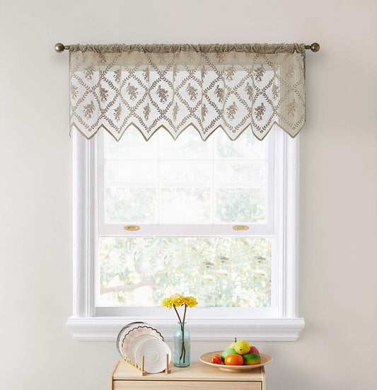HLC.ME Isabella Lace Kitchen Curtains Semi Sheer Valance 54x18 in Taupe