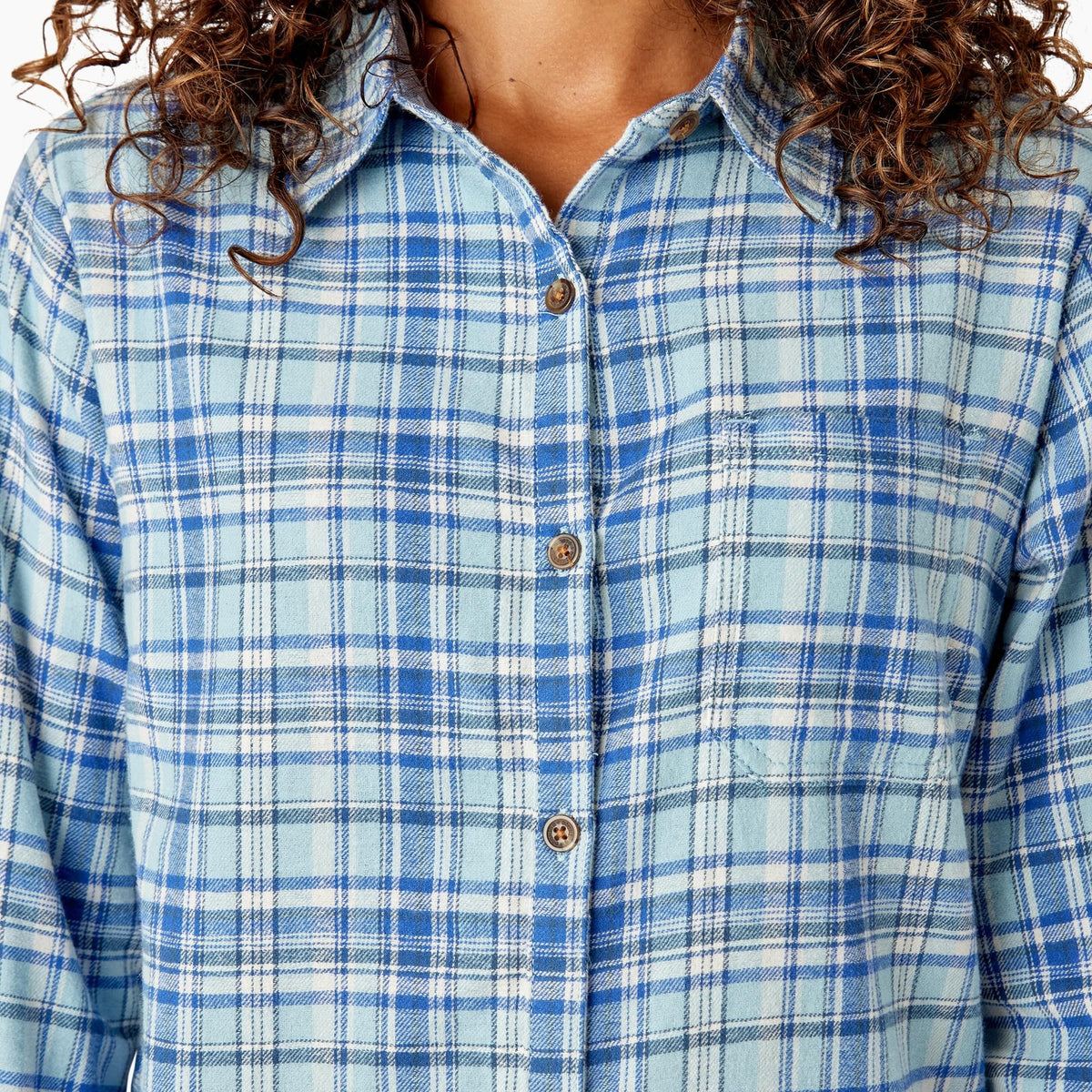 Women's Plaid Flannel Long Sleeve Shirt, Clear Blue Asymetrical Orchard Plaid, M