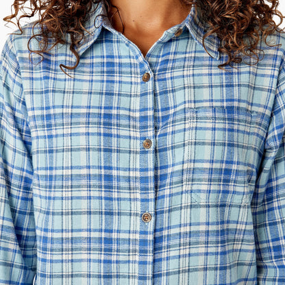 Women's Plaid Flannel Long Sleeve Shirt, Clear Blue Asymetrical Orchard Plaid, M