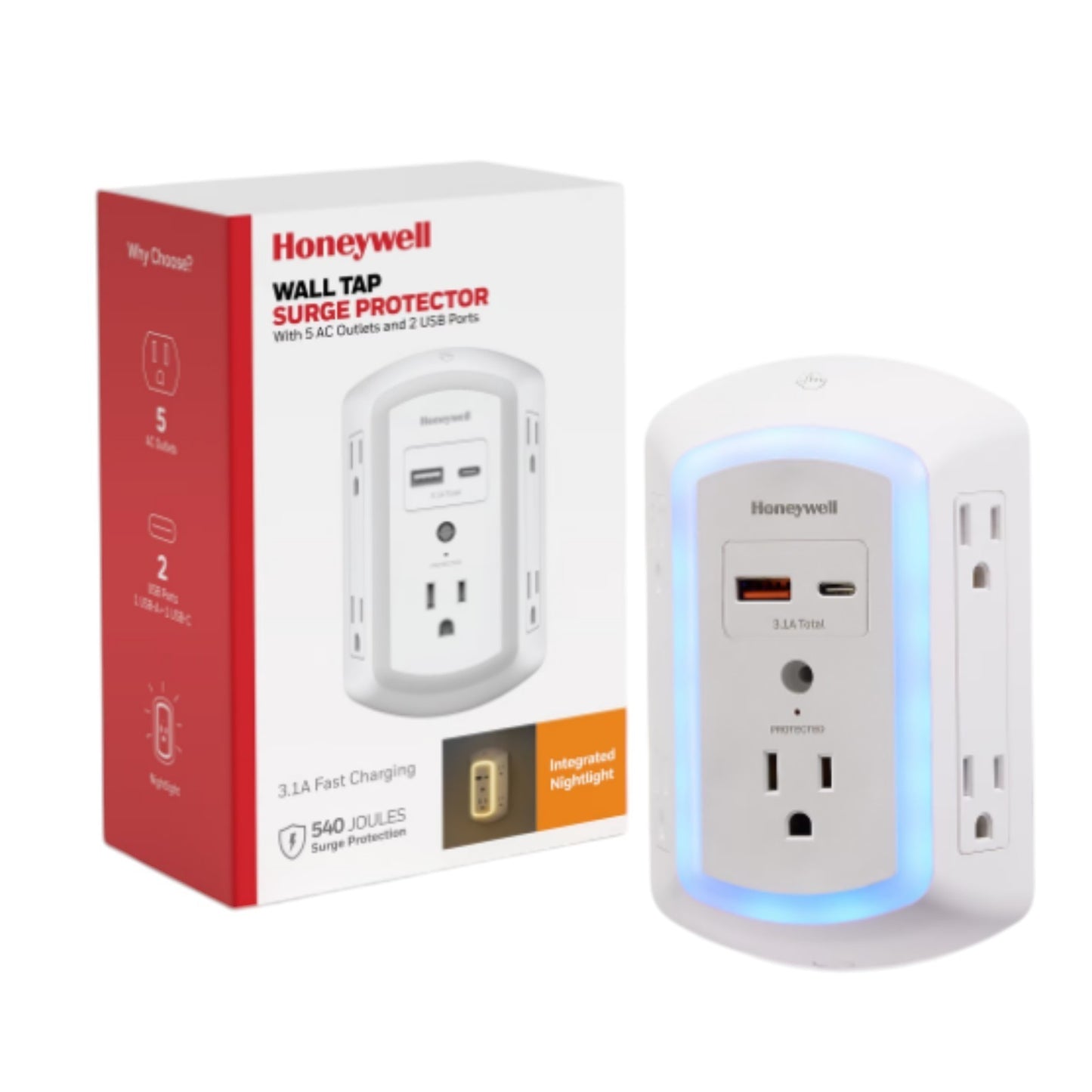 Honeywell Wall Outlet Extender with Night Light USB C Surge Protector Splitter
